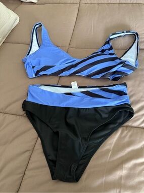Striped Blue & Black High-Waist Bikini Set